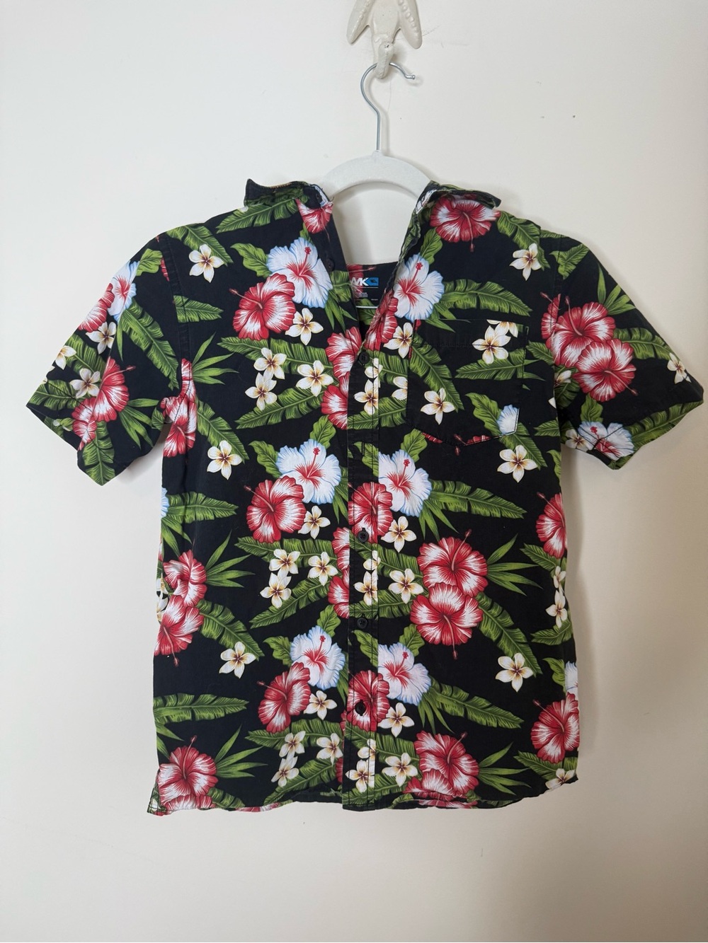 Tony Hawk Black Hawaiian Shirt with Red, White and Green Floral Print